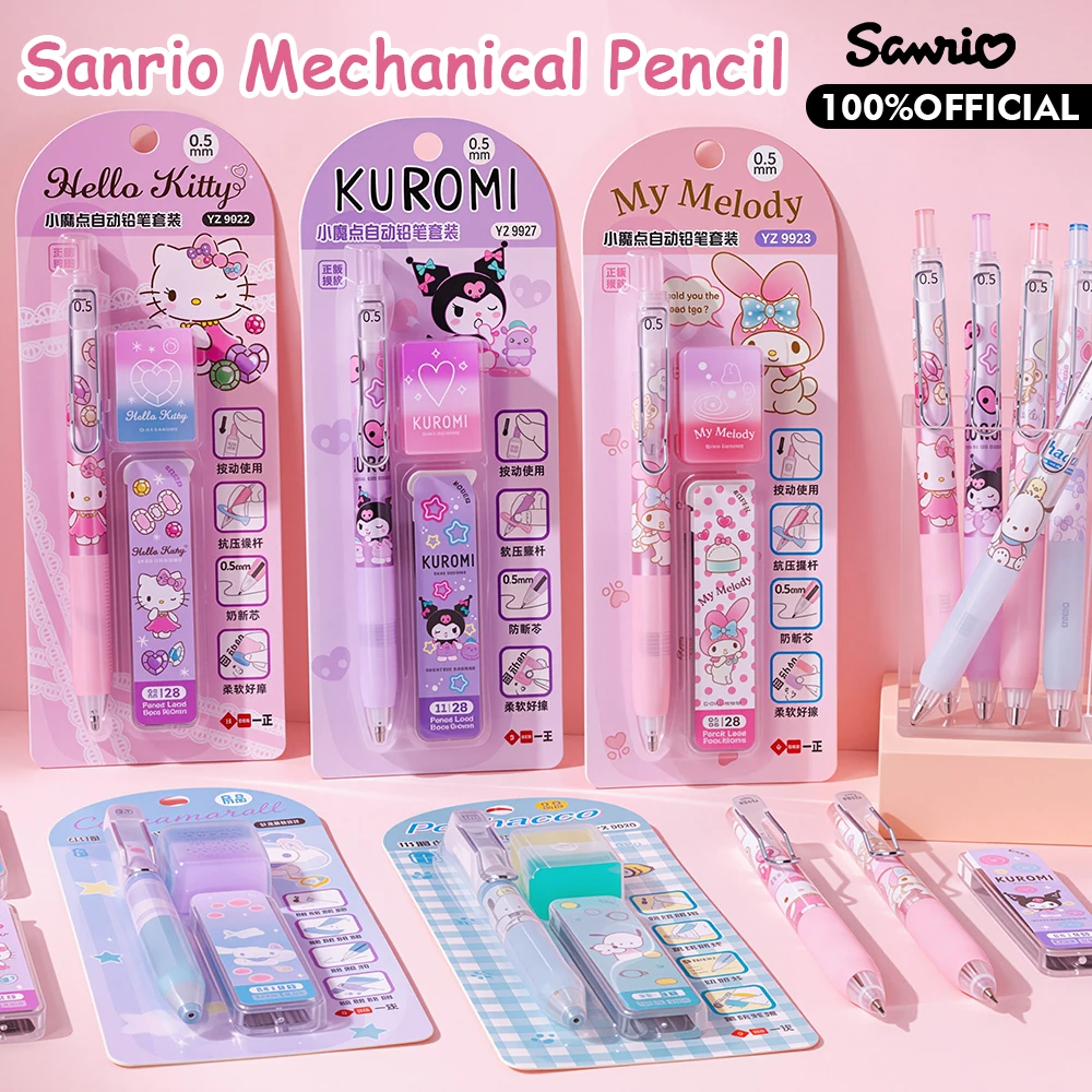 Genuine Sanrio Mechanical Pencil Set Hello Kitty Kuromi Cinnamoroll Melody 0.5mm Pencil with Refill Lead Eraser Stationery Gifts