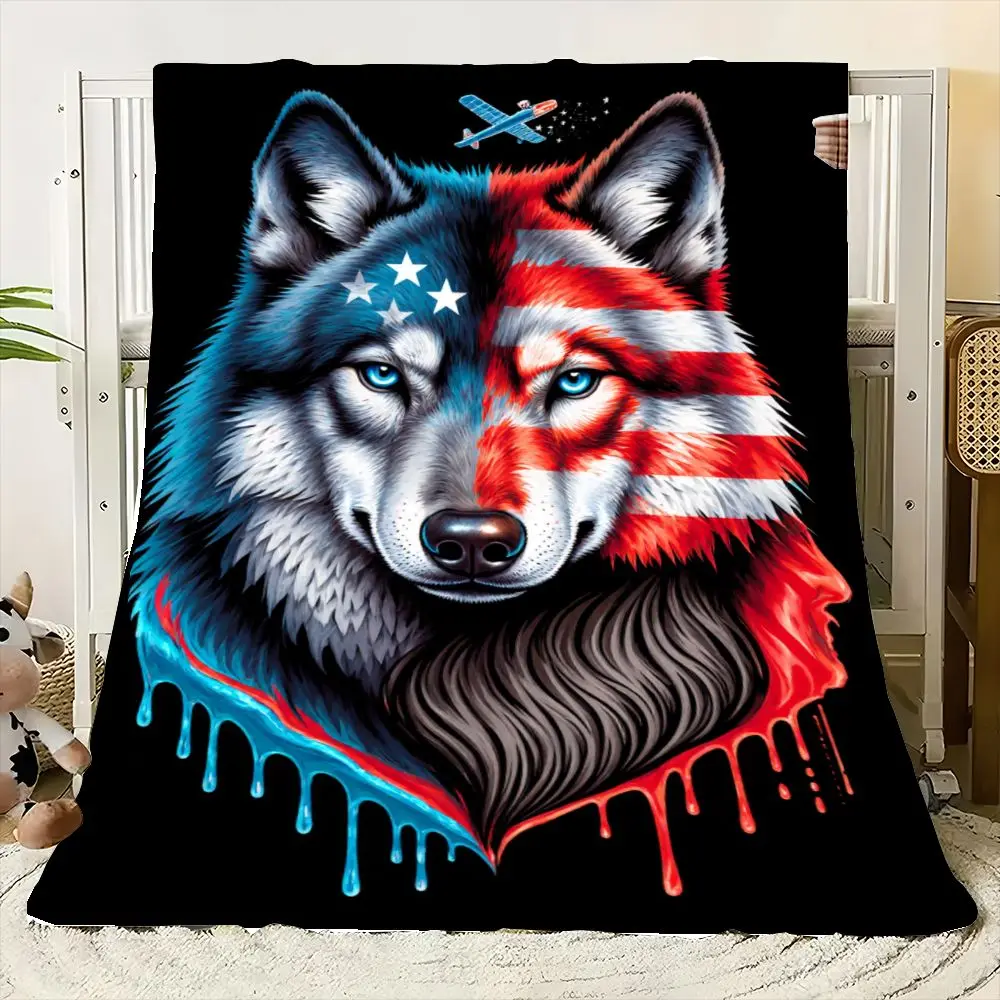 Camiseta con ilustración de cabeza de lobo con gráfico audaz: diseño colorido vibrante con división inspirada en la bandera americana con azul y rojo,