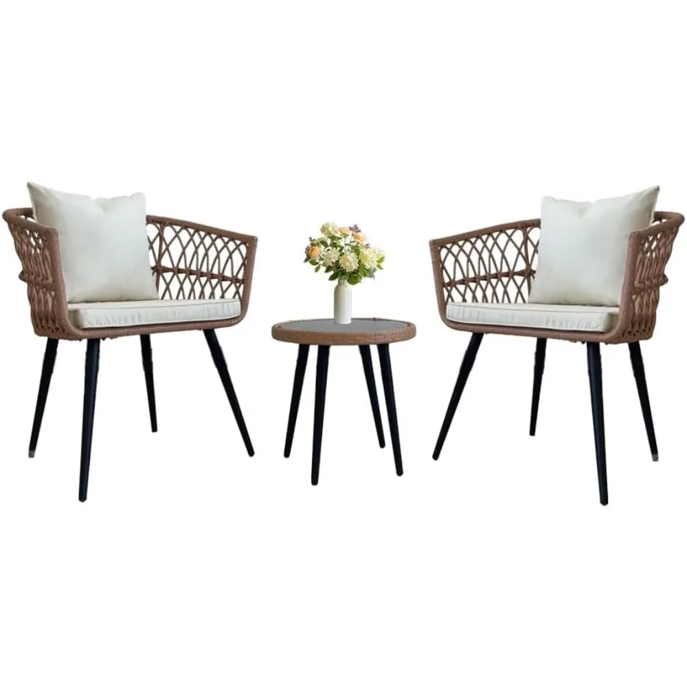 

3-Piece Patio Bistro Set: All-Weather PE Wicker Sectional Sofa with Cushions & Tempered Glass Table​