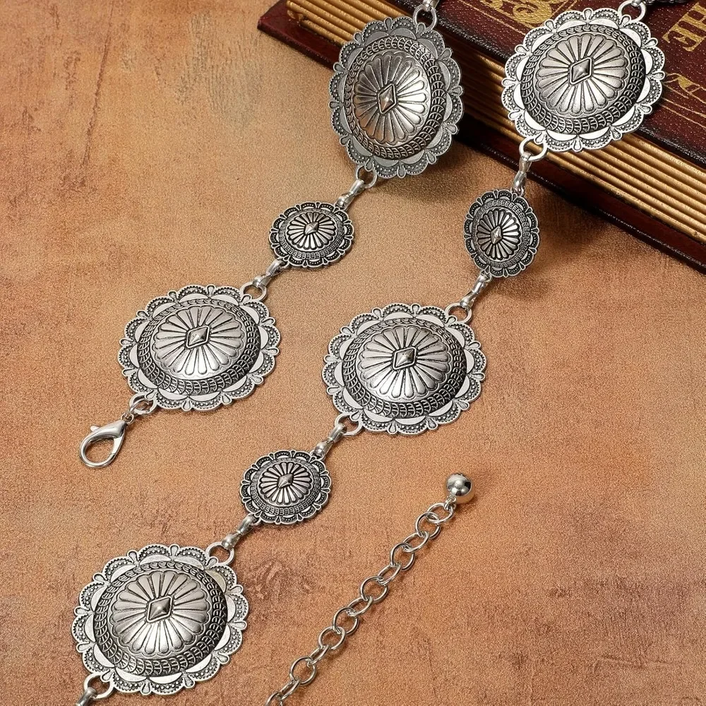 Western Round Metal Concho Belt for Women Vintage Cowgirl Boho Turquoise Chain Belts for Dresses Jeans Retro Gold and Silver