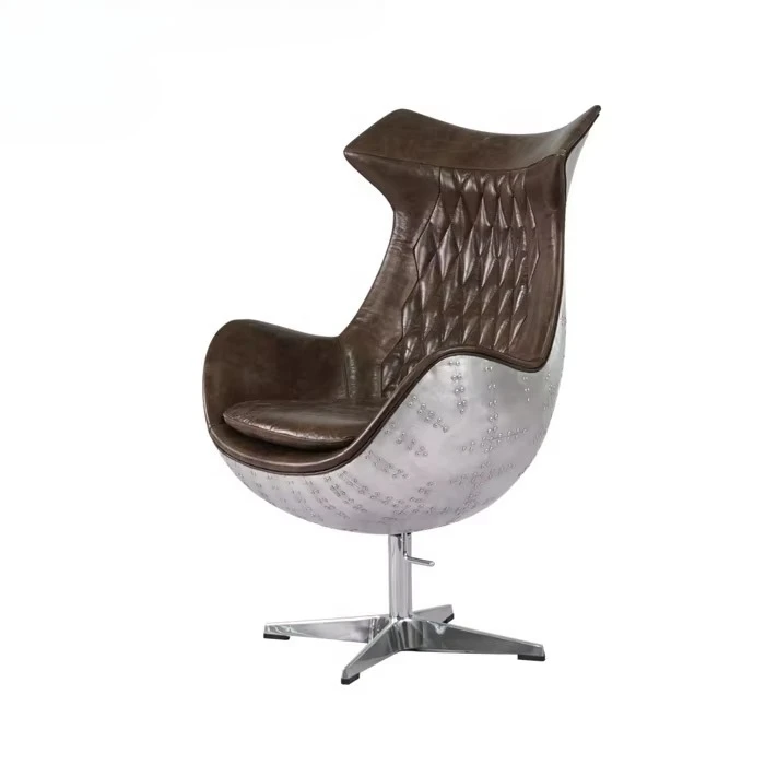 Vintage Genuine Leather Executive Chair Brown and Silver Metal Aluminium Back Industrial Aircraft Swivel aviator Office Chair