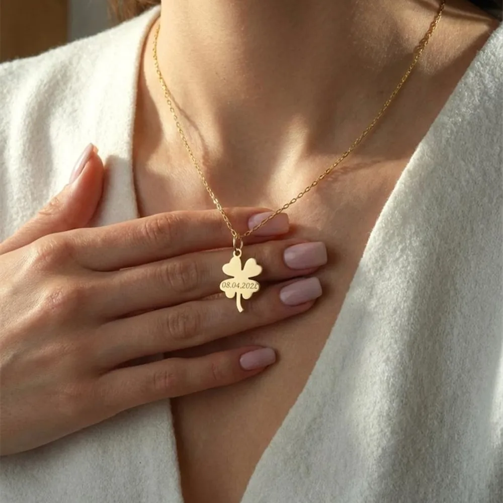 Personalized Custom Date Engraved Lucky Charm Four Leaf Clover Necklace Customized Name Jewelry Anniversary Gift