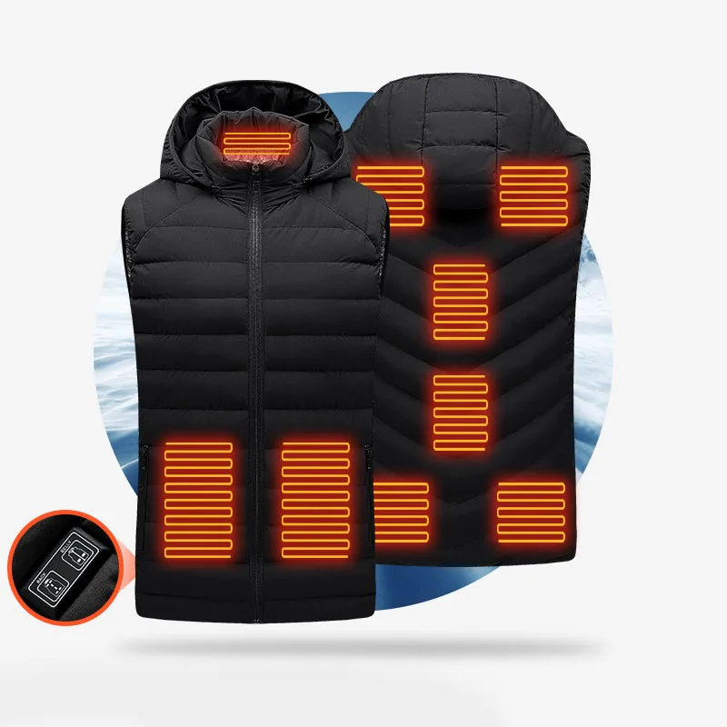 1 Pc Double Control 9-Zone Hooded Heated Vest 3 Temperature Settings High/Medium/Low Universal USB Port Black Light Waterproof