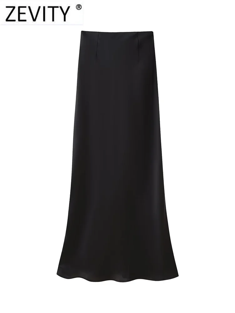 

Zevity Новая женская модная черная Мягкая атласная трапециевидная длинная юбка женские юбки шикарные женские повседневные платья на молнии QUN294