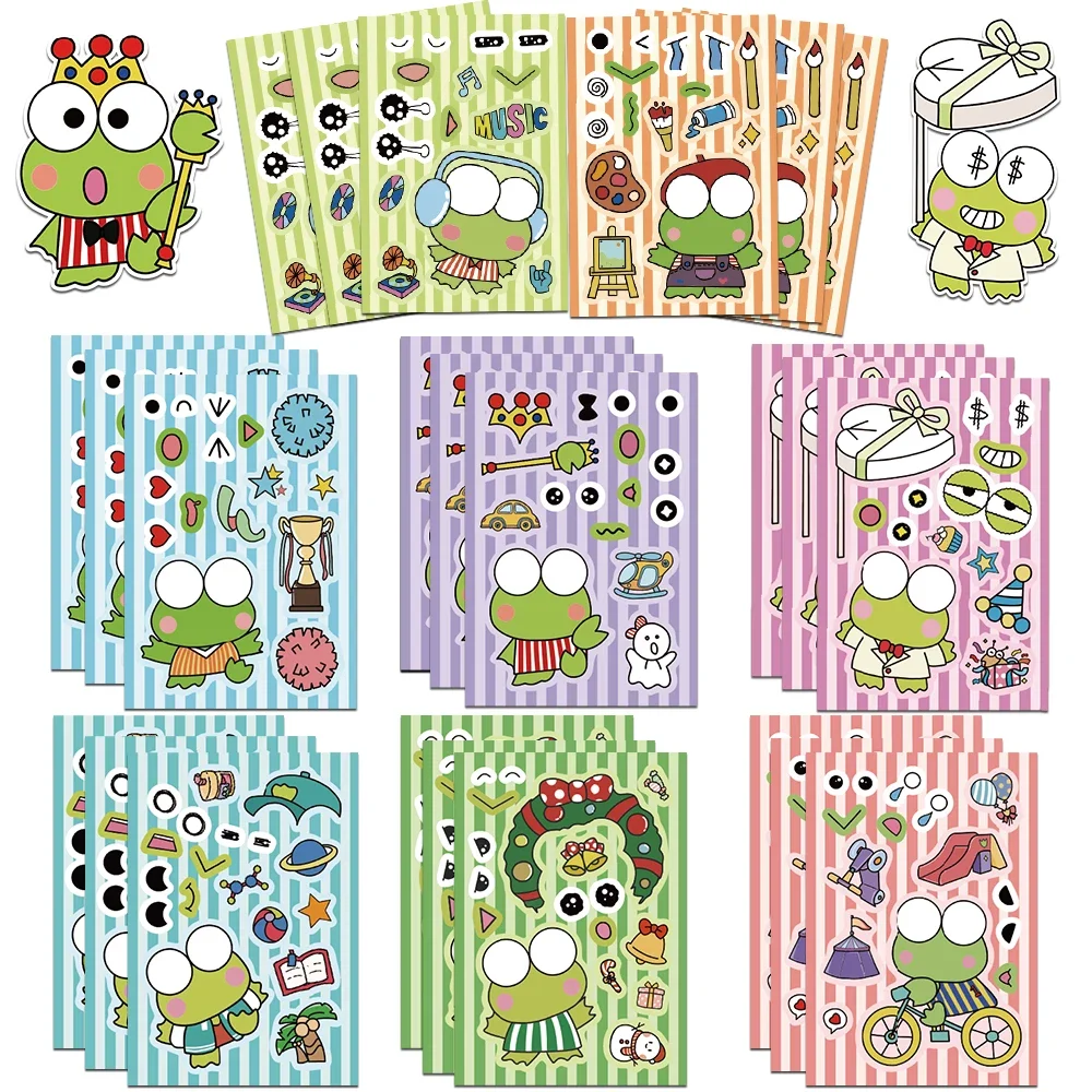 8/16Sheets Cute Keroppi Frog Anime Puzzle Stickers DIY Make-a-Face Assemble Funny Cartoon Decal Assemble Jigsaw Toy Kid Gift