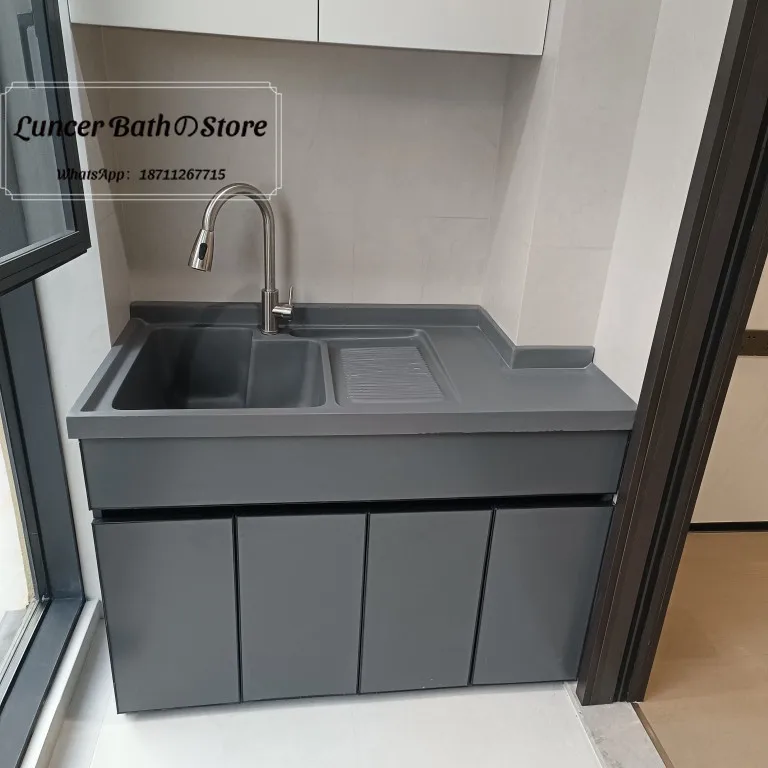 Space Aluminum Balcony Laundry Sink Combo, Flip Top Washing Machine Stand with Basin, Hand Wash Sink with Scrubbing Board