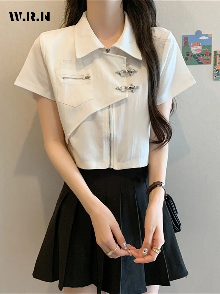 2024 Summer Casual Korean Style Turn-down Collar Zipper Blouses Women's Hotsweet Slim Fit Short Sleeve Solid Color Shirts