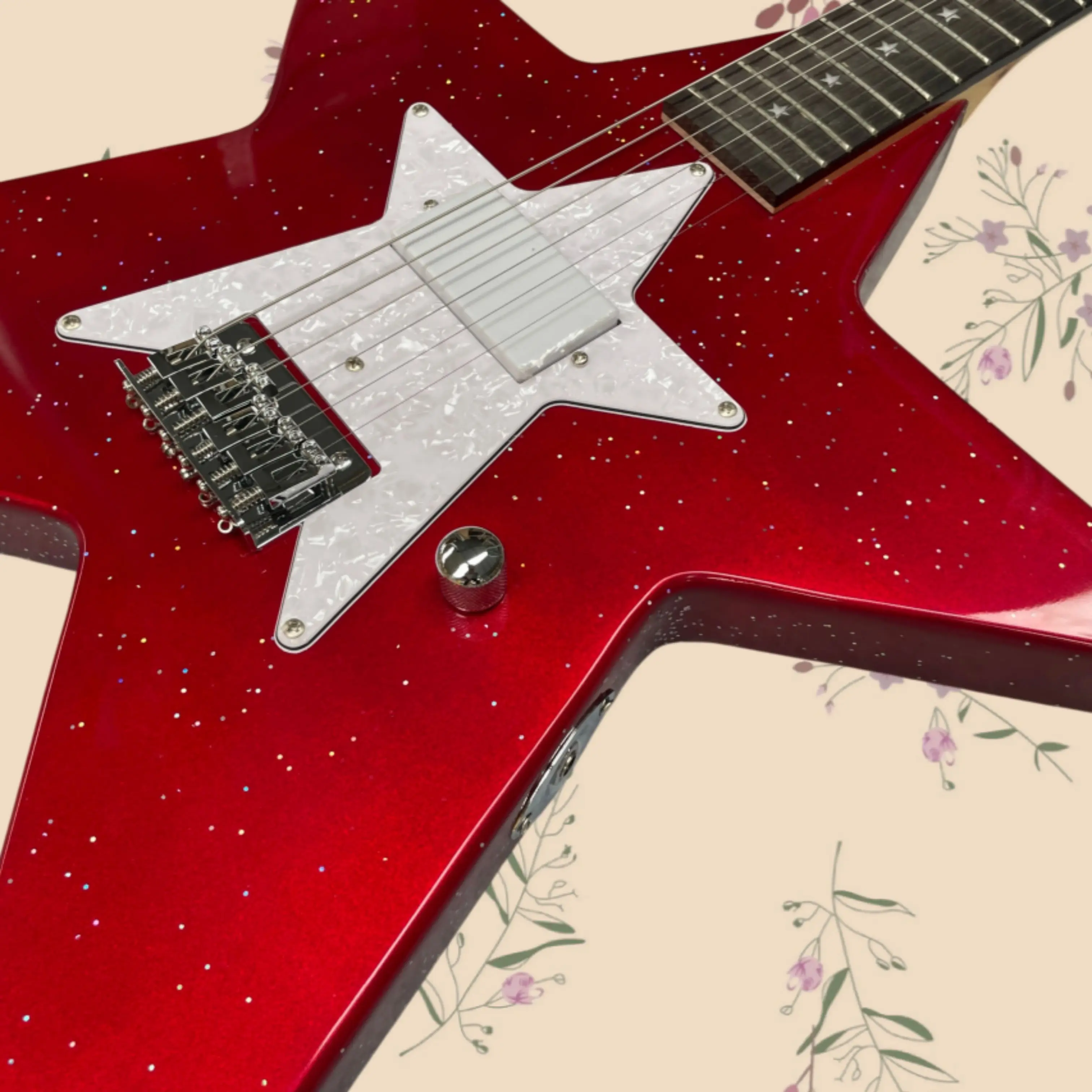 Red Five-Pointed Star Electric Guitar,Glossy Pearl White Pickguard,Rosewood Fretboard Guitars,Rock Stage Performances Guitarra