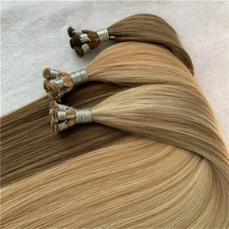 Hand Tied Weft Hair Extensions 100% Natural Human Hair Straight Invisible Brazilian Blonde Sew In Bundles Handmade Hairpieces