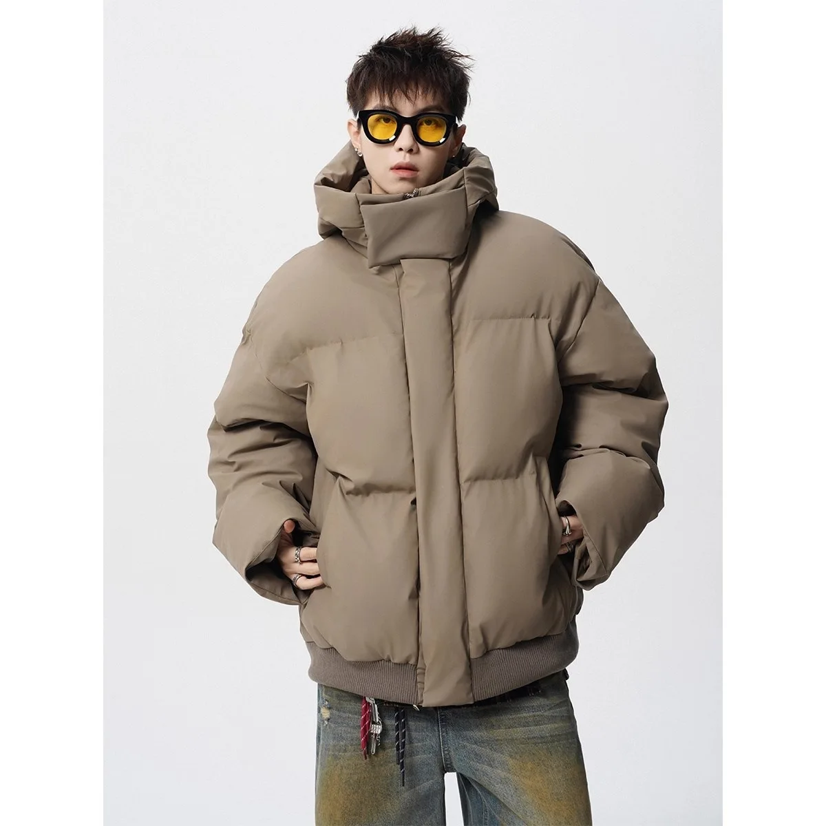 Men Khaki Black Solid Color Stand Collar Long Sleeve Simple Basic Casual Trendy Parkas American Style Winter Fashion Male Coats