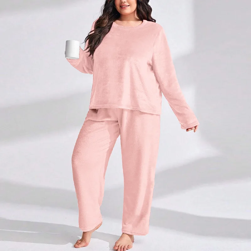 

Winter Flannel Thermal Pajamas Sets Plus Size Lady's Loungewear with Long Sleeve Pants Outdoor Ready Casual Homewear 2pcs