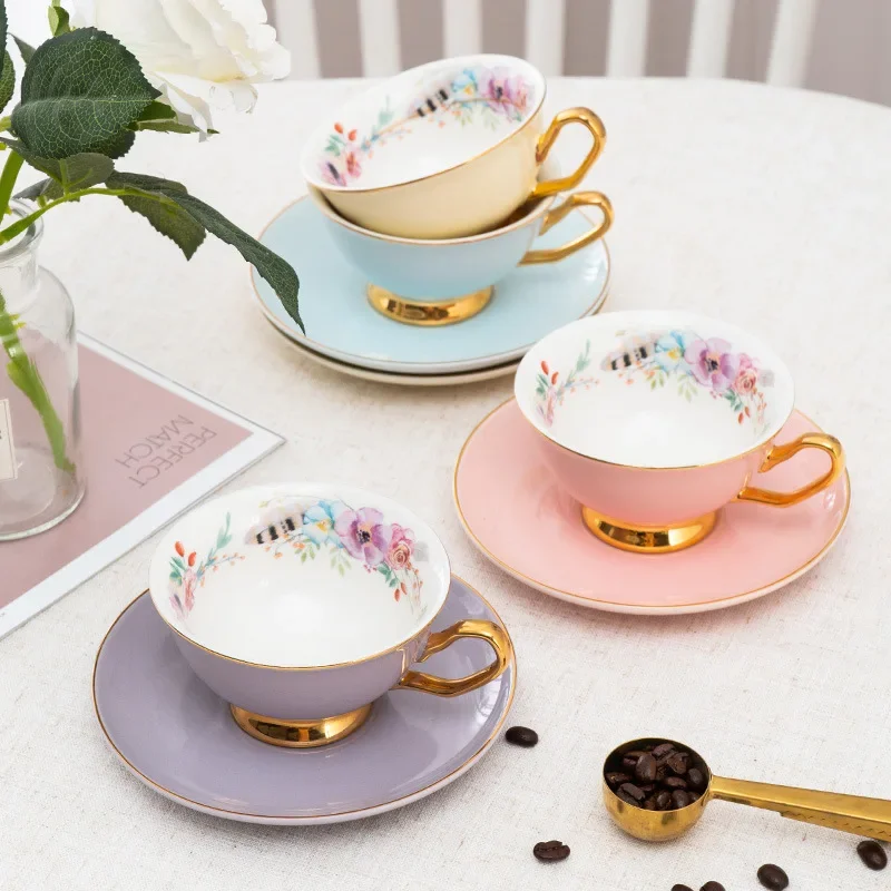 Ceramic coffee cup with plate Golden edged color glazed coffee porcelain mugs Afternoon Tea Cup Flower tea cup afternoon teacups