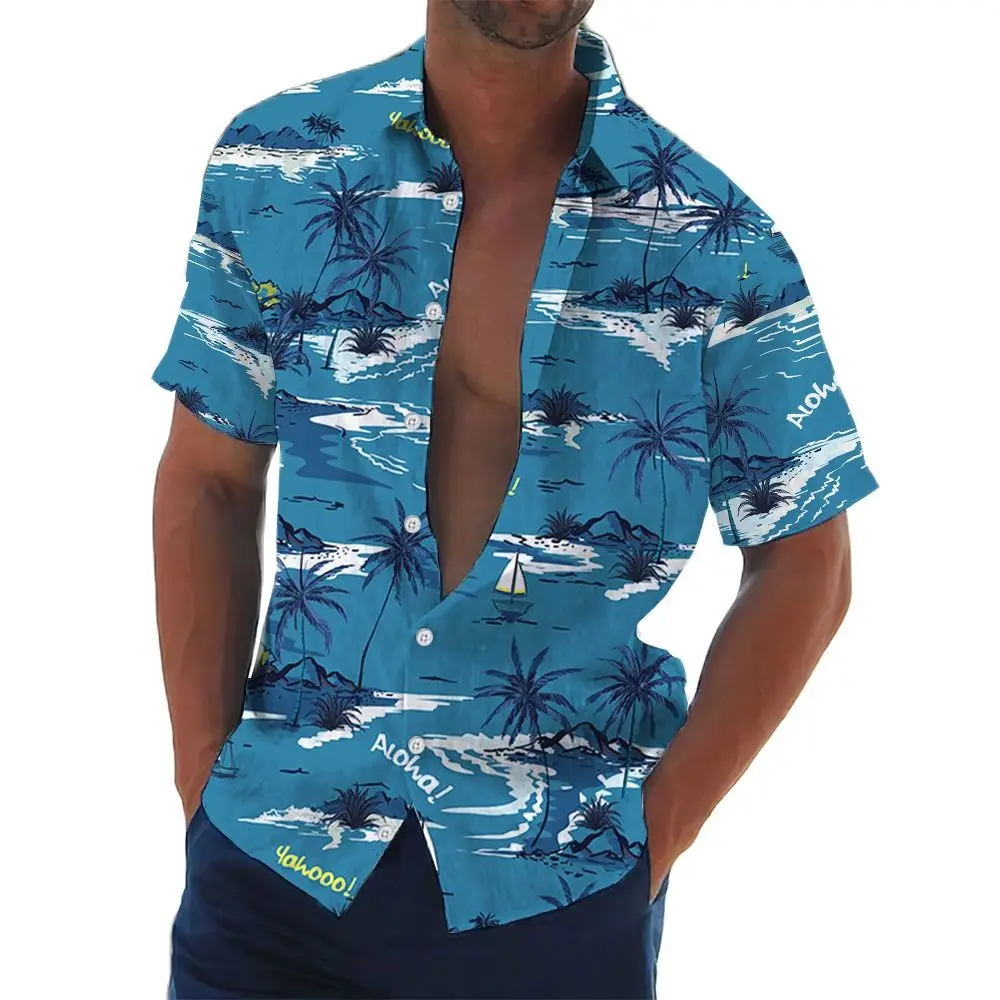 Hawaiian Shirts For Mens 3D Coconut Tree Print Short Sleeve Shirt Blouse Beach Holiday T-Shirts Oversized Tee Shirt Men Clothes