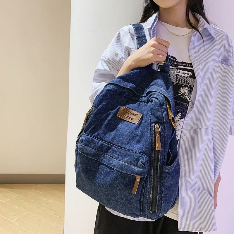 Alta Qualidade Simplicidade Denim Zipper Sacos De Escola, Sacos De Senhoras De Grande Capacidade, Mochilas De Design Jovem, Linha De Costura, Novo, 2024