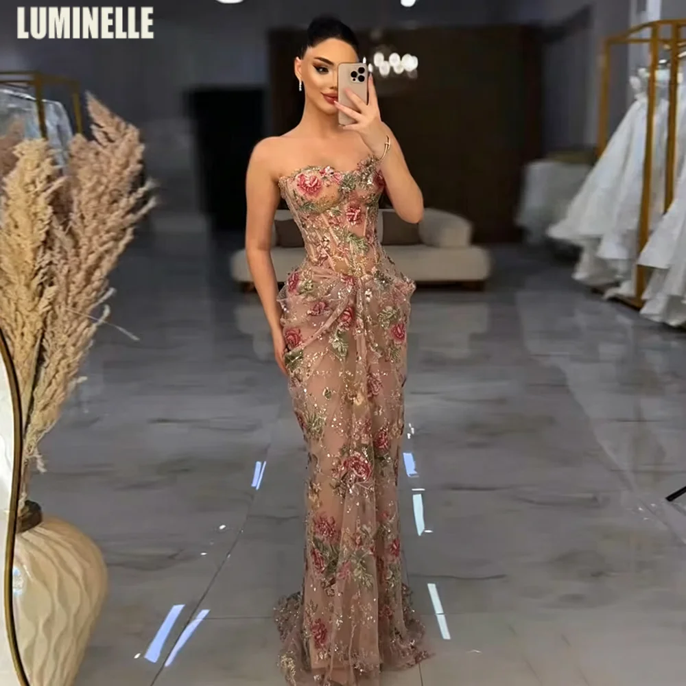 Strapless Lace Floral Evening Dresses Bodycon Mermaid Luxury Sequined فساتين سهرة Formal Cocktail Party Gowns Customized
