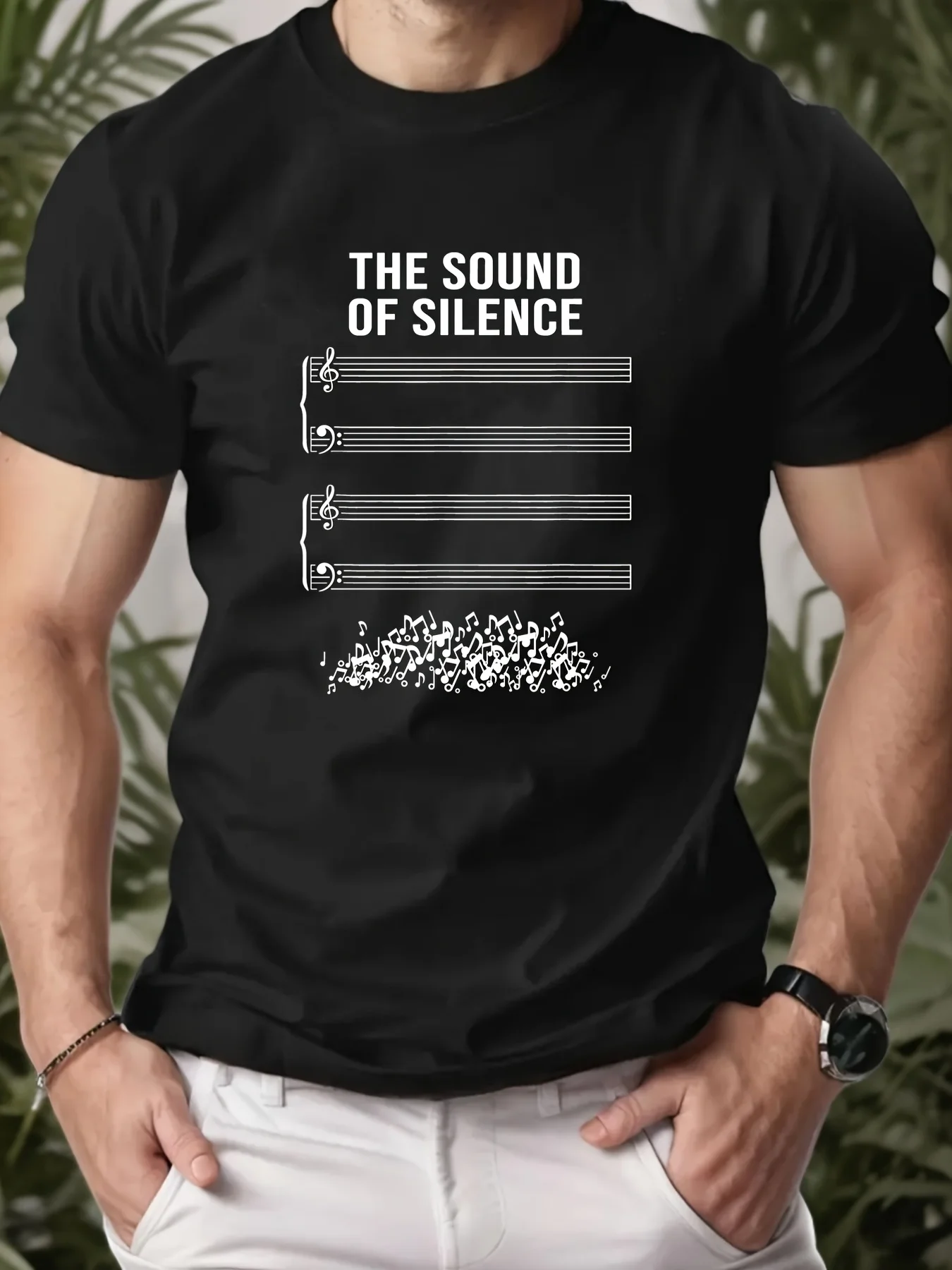 2026 Men's The Sound of Silence Music T-Shirt - Vintage Lyrics & Sheet Music Print, Black with White Song Bars & Sound Wave Desi