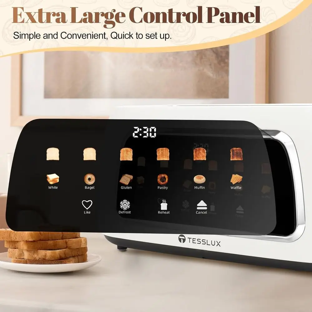 4 Slice Toaster with Touch Control, 1.5 Wide Slots, 6 Levels & 6 Bread Types, Digital Timer, Memory, Reheat (WHITE)