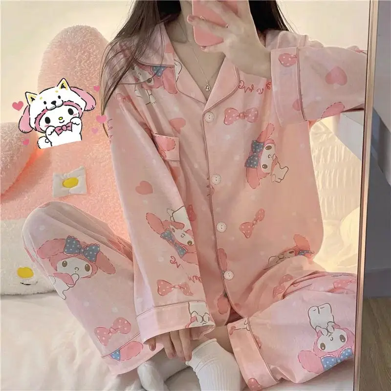 

Милые пижамы My Melody для женщин, весенне-осенние брюки с длинными рукавами, 2 шт., студенческая домашняя одежда с героями мультфильмов Sanrioed, одежда для сна для девочек