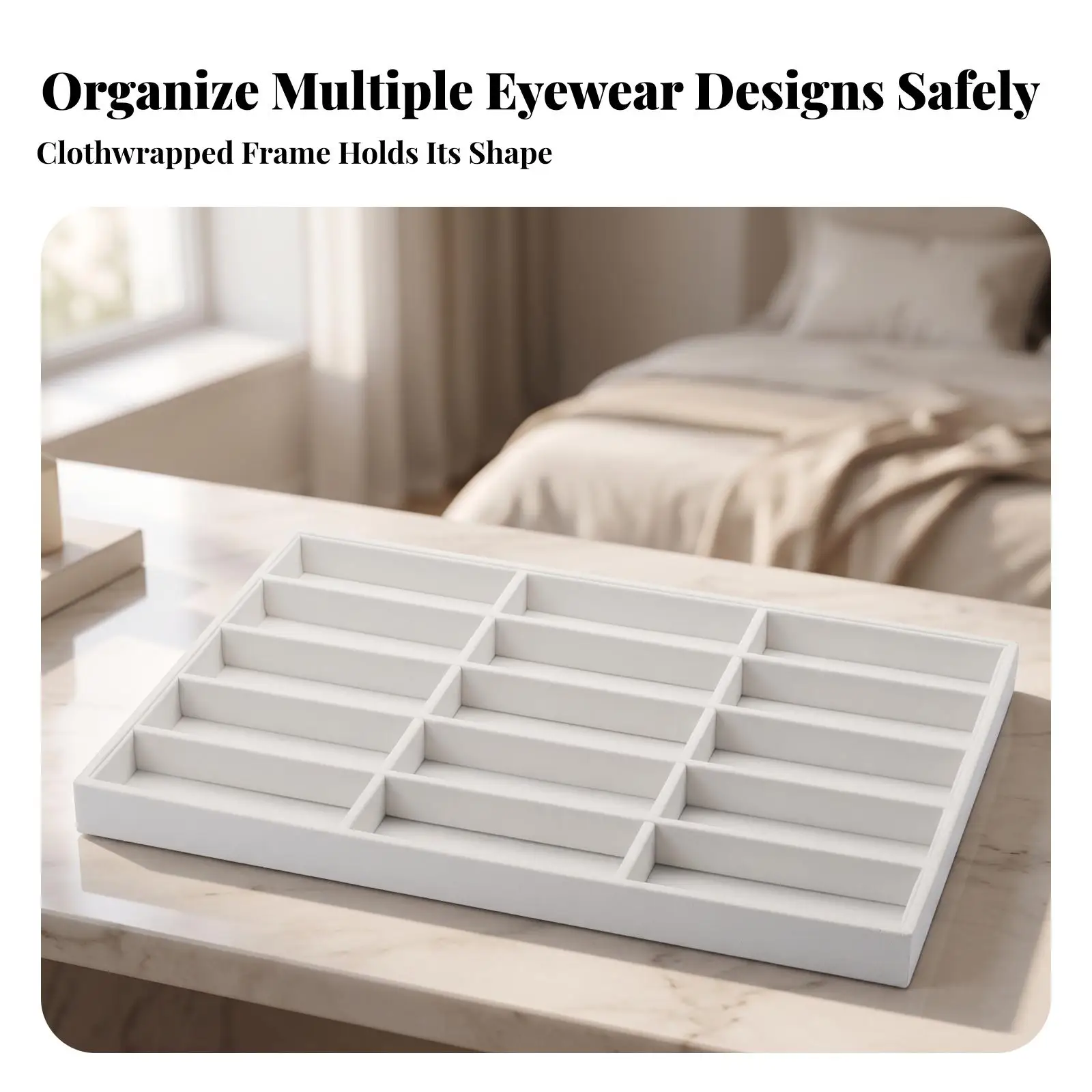 Spacious Spectacle Storage Tray with 15 Slots for Eyeglasses Sunglasses Holder Organizer Box with Velvet Lining for Drawer