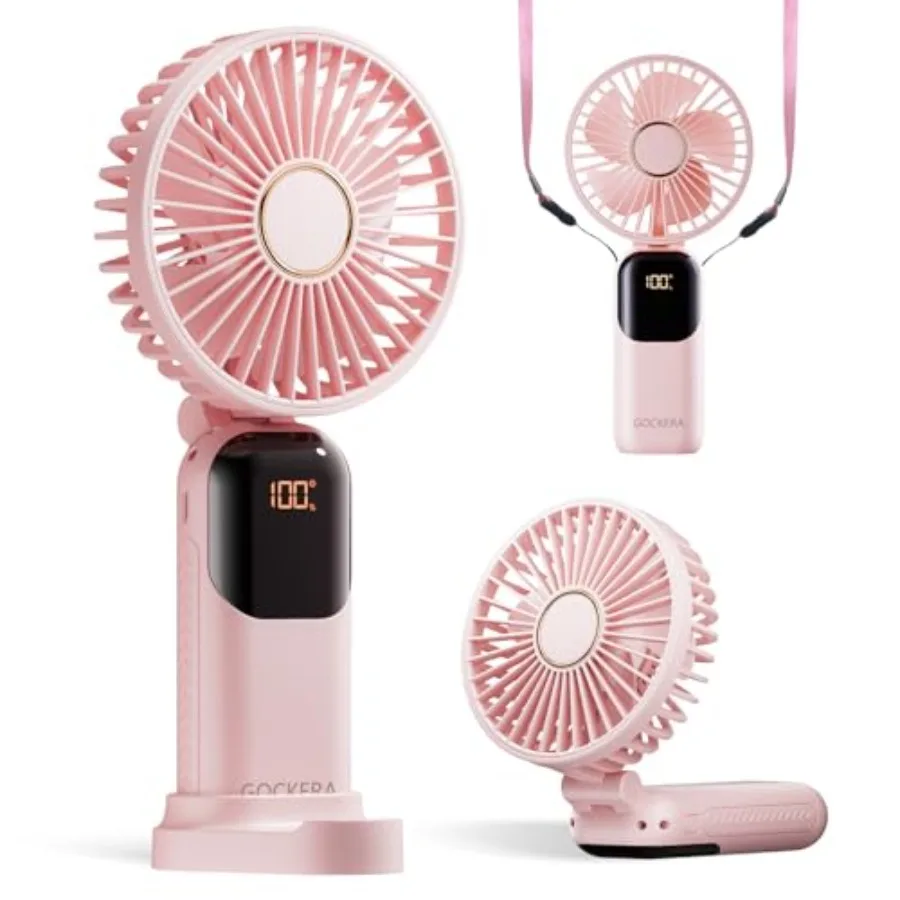 

Portable Fan, 4200mAh Battery Operated Fan, 5 SpeedsandDigital Display, Makeup Fans for Women with Base, 180°Foldable 3in1 Hand