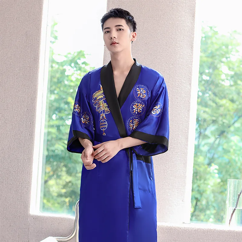 Chinese Style Satin Kimono Men\'s Lapel Mid Length Sleepwear New Spring Summer Bathrobe Nightwear Male Intimate Lingerie Homewear