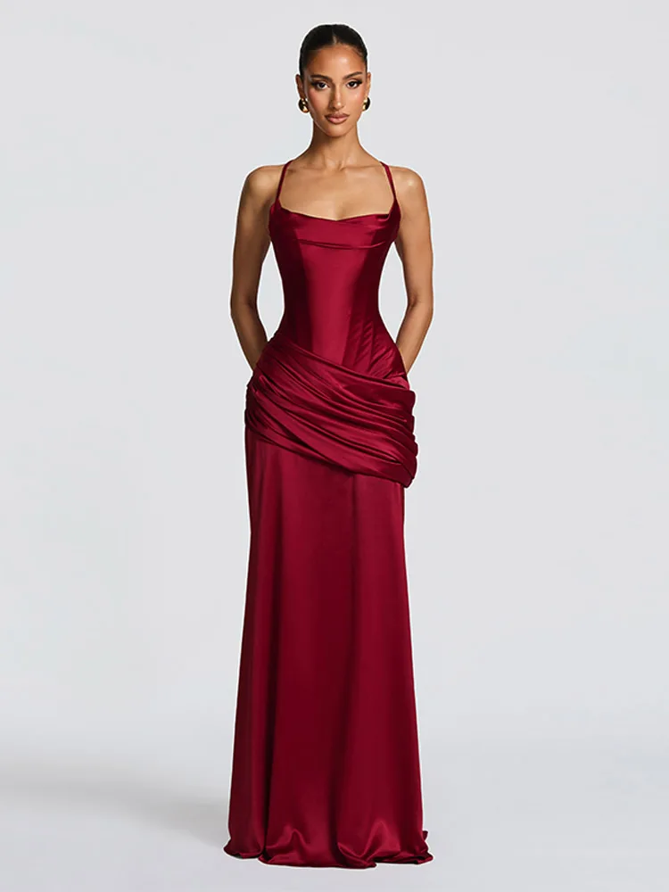 2026 Nieuwe Dame Satijnen Jurken Visgraat Corset Top Geplooide Lange Rok Party Vakantie Elegante Maxi Gewaden Slim Fit Luxe Vestidos