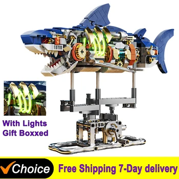 Hot Mechanical Shark Mantis Building Blocks Set with Lights Bricks Animal World Model, Kids and Adults Blocks Gift Home Decor