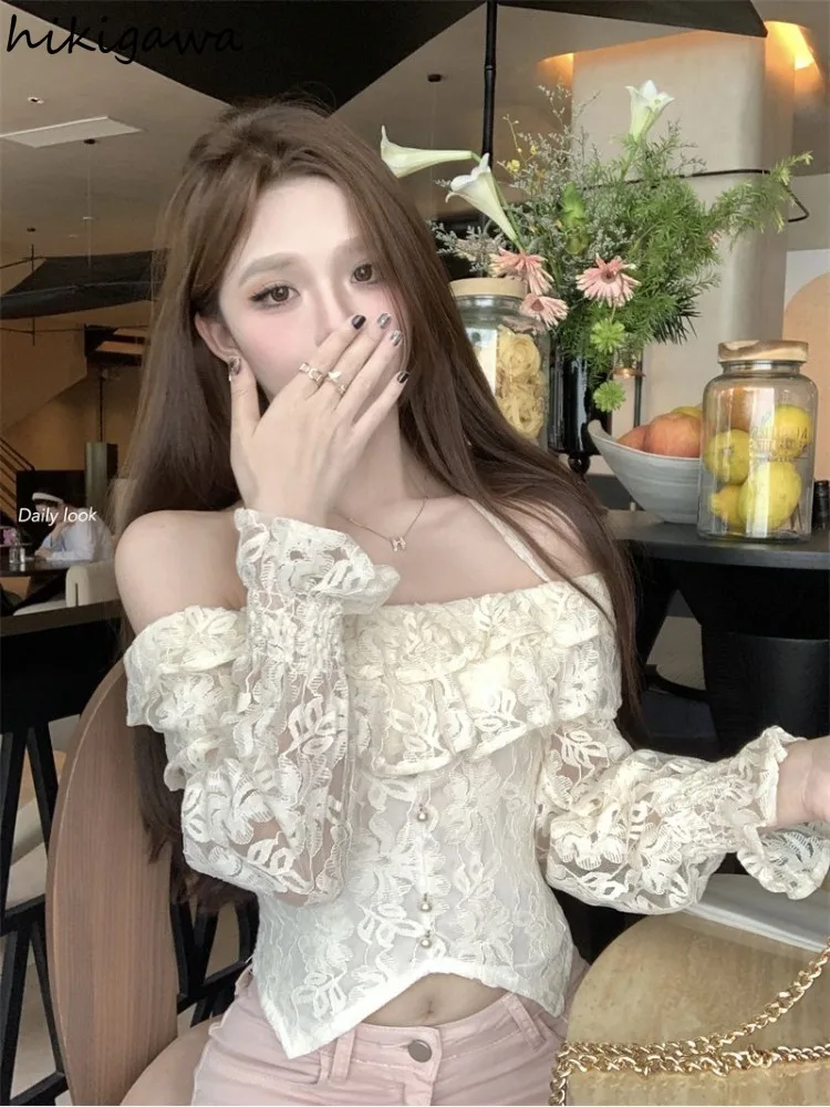 2024 Camisas De Mujer Lace Slash Neck Summer Blouse Women\'s Clothing Flare Sleeve Tunic Hollow Out Shirts Korean Sweet Crop Tops