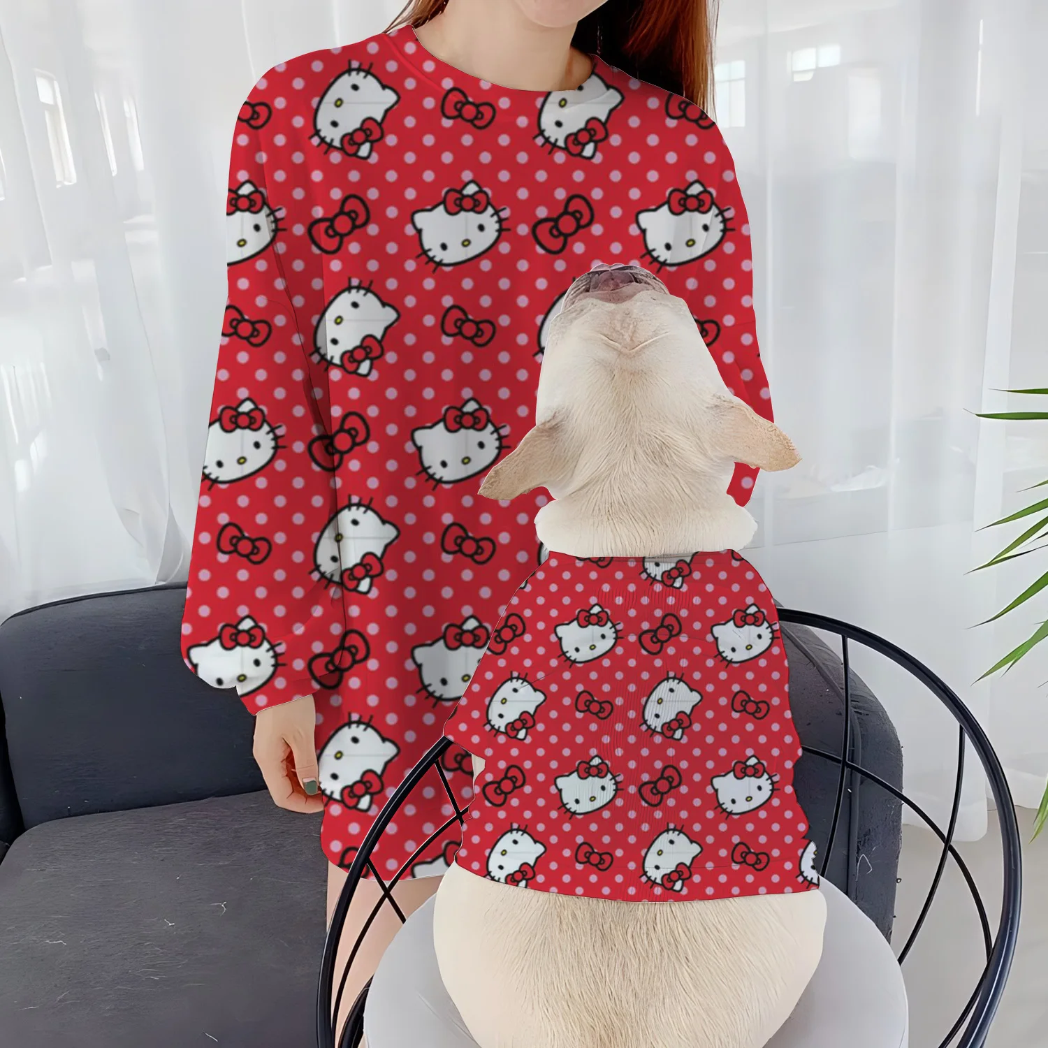 Casual Sweatshirts Dog Clothing Women's Pet Parent-Child Clothes Round Neck Autumn Winter Puppy Long Sleeve Hello Kitty Pullover