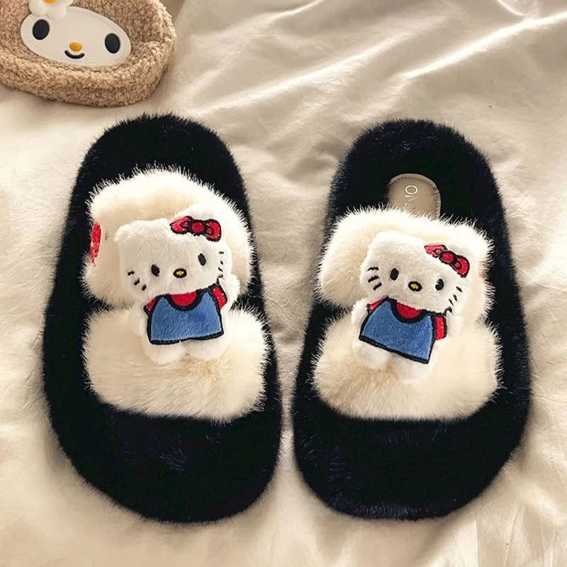 

Hello Kitty hairy slippers for women's outdoor wear 2024 winter new style thick sole versatile comfortable home cotton slippers