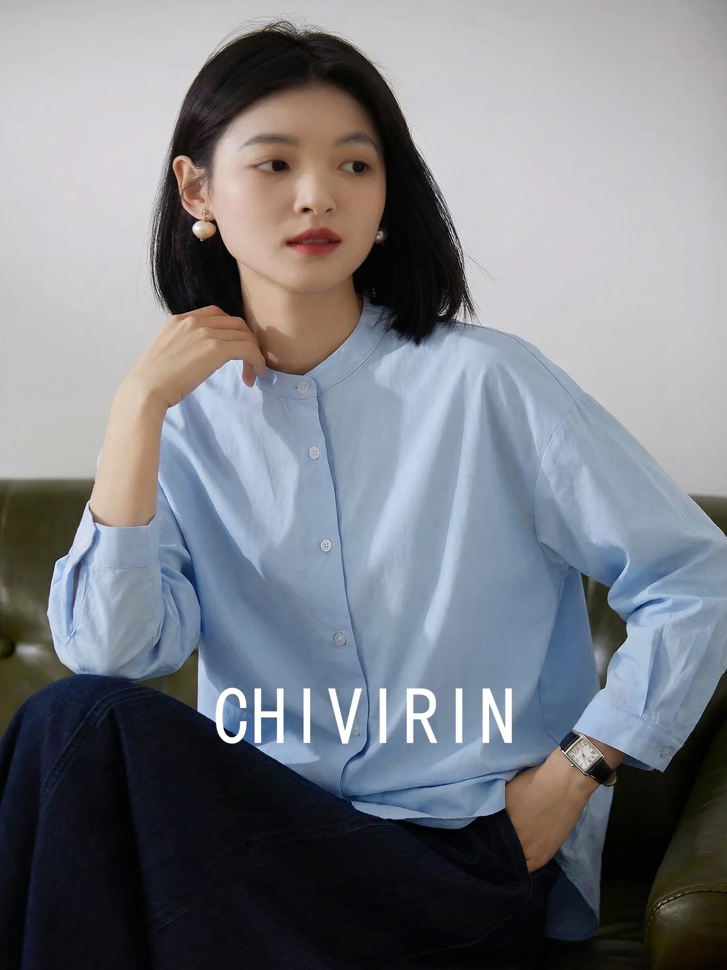 

Женская свободная рубашка Chivirin из модального хлопка с длинным рукавом, весенняя новинка, комфортная, приятная для кожи, синяя