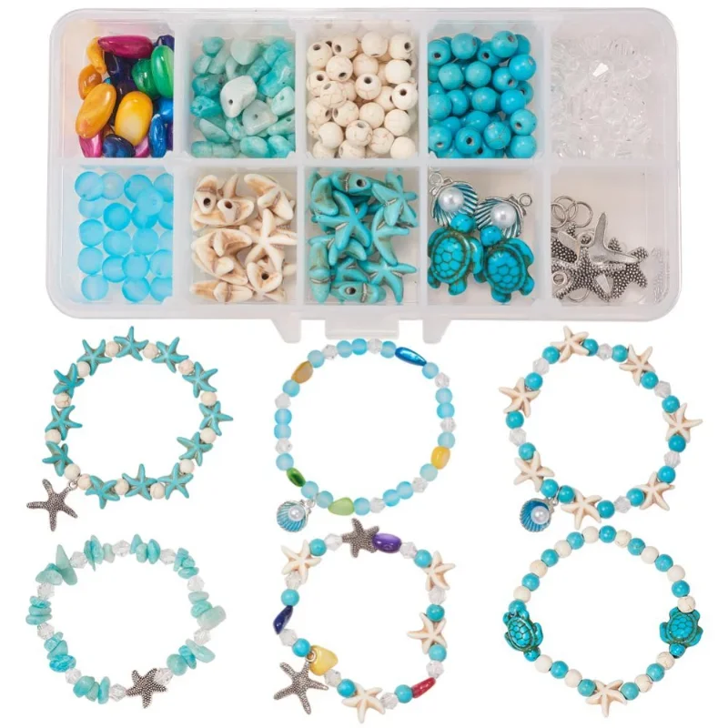 

1 Box Ocean Theme Starfish Shell Beads Pendants with Elastic Thread for DIY Anklet Bracelet Necklace Jewelry Making Accessories