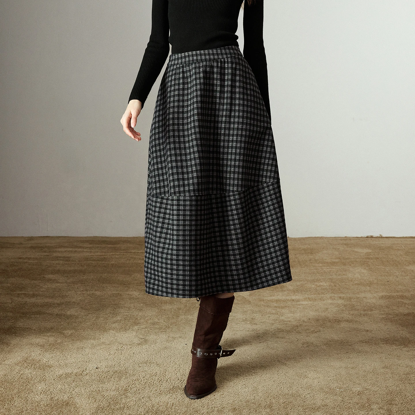 TOYOUTH Women Midi Skirts 2025 Winter New Elastic Waist Retro Plaid Split Splicing Oversized Floral Bud Skirts