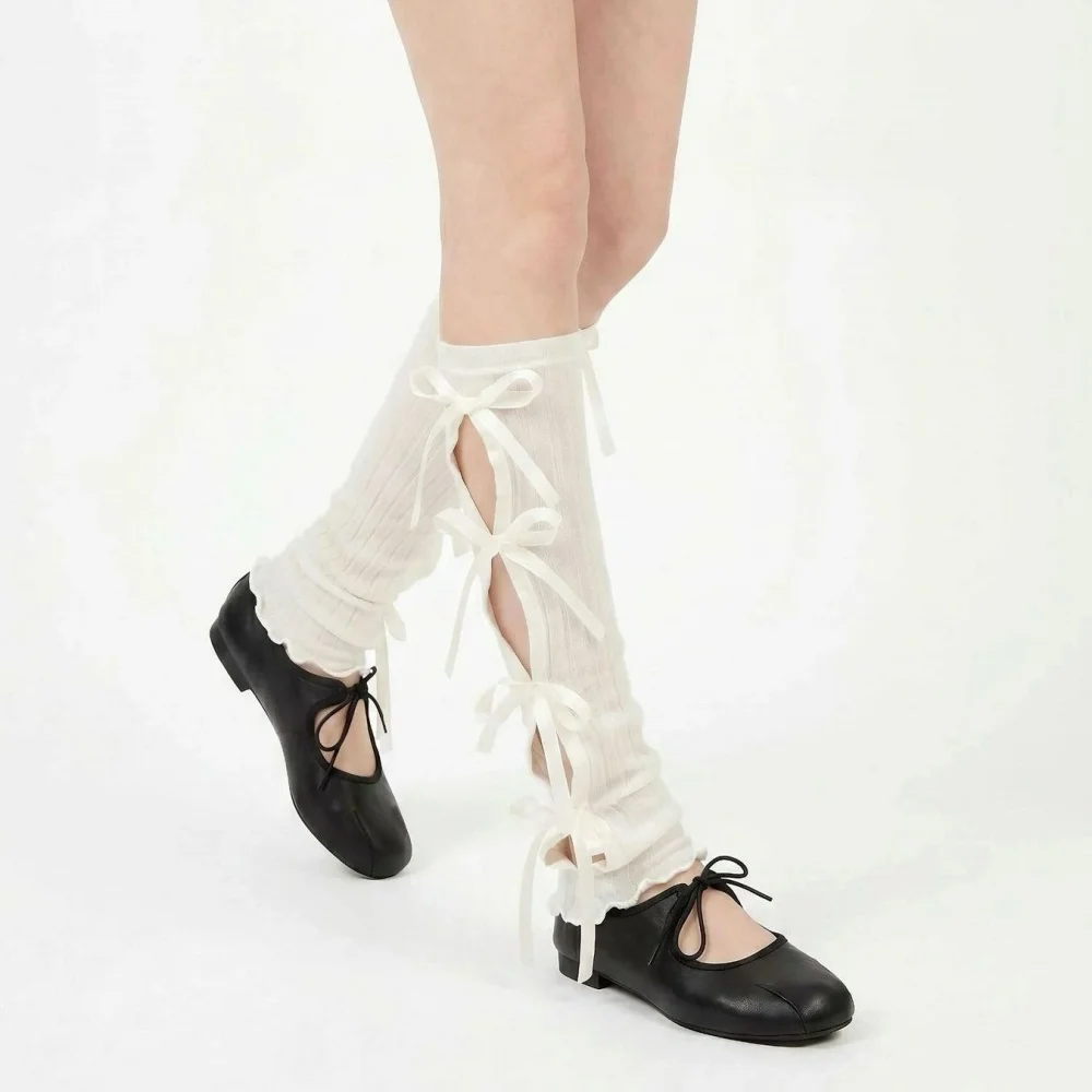 Ribbon Bow Cutout Leg Warmer Knee High Socks Soft Vertical Rib Knit Slim Y2K Shoes Matching Stackable Socks for Women view 6