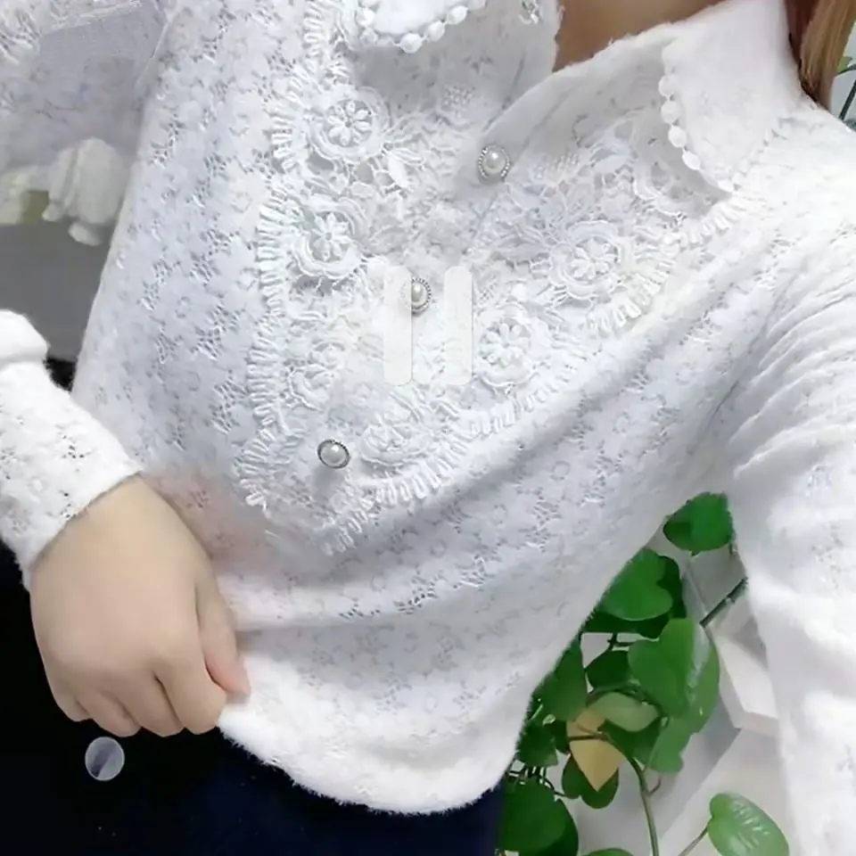 White All-match Fashion Jacquard Open Stitch Shirt Long Sleeve Polo-Neck Office Lady Chic Sexy Spring Autumn Loose Casual Blouse