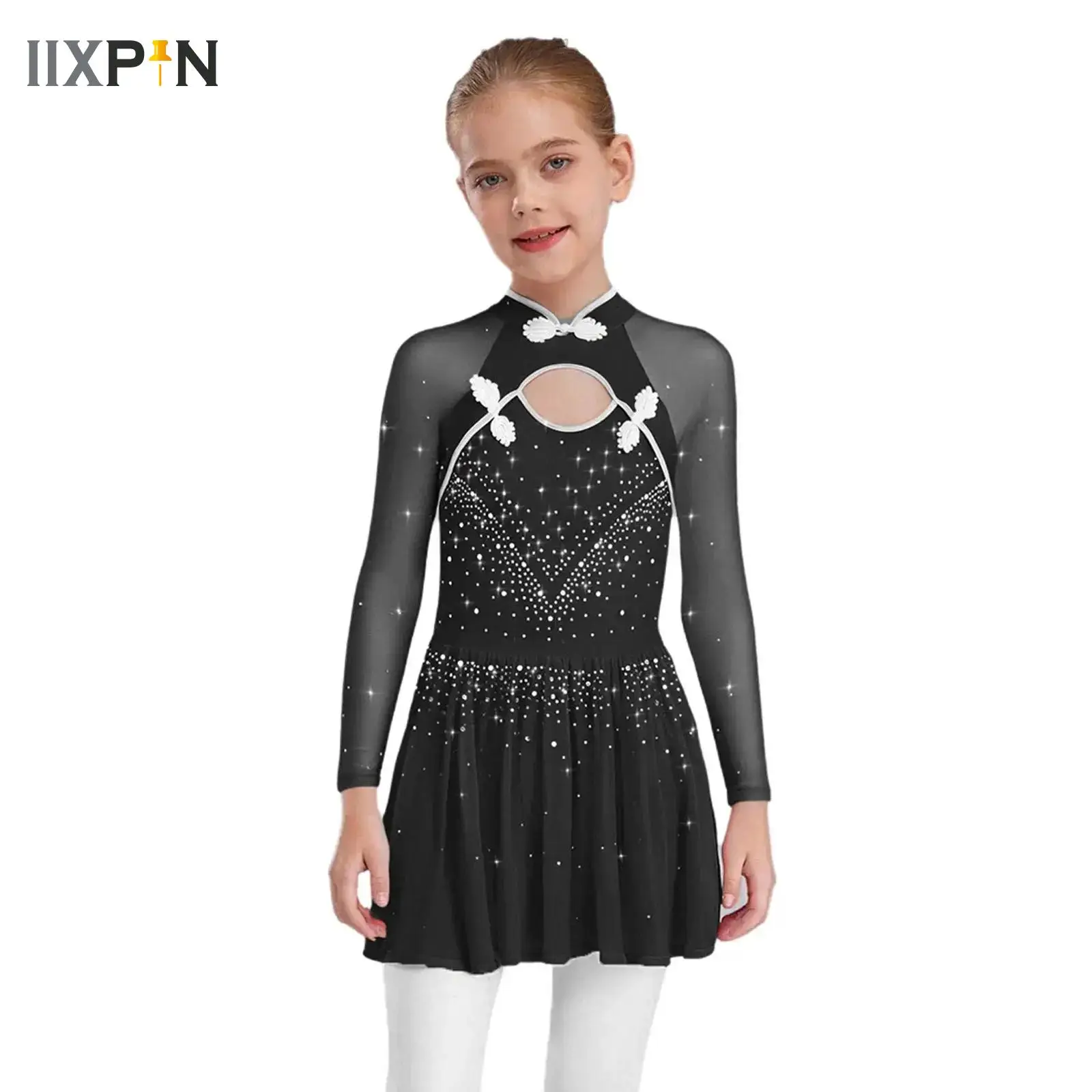 

Kids Girls Ballet Dress Sheer Mesh Long Sleeves Tulle Lyrical Dance Performance Costume Contemporary Leotard Dress Dancewear