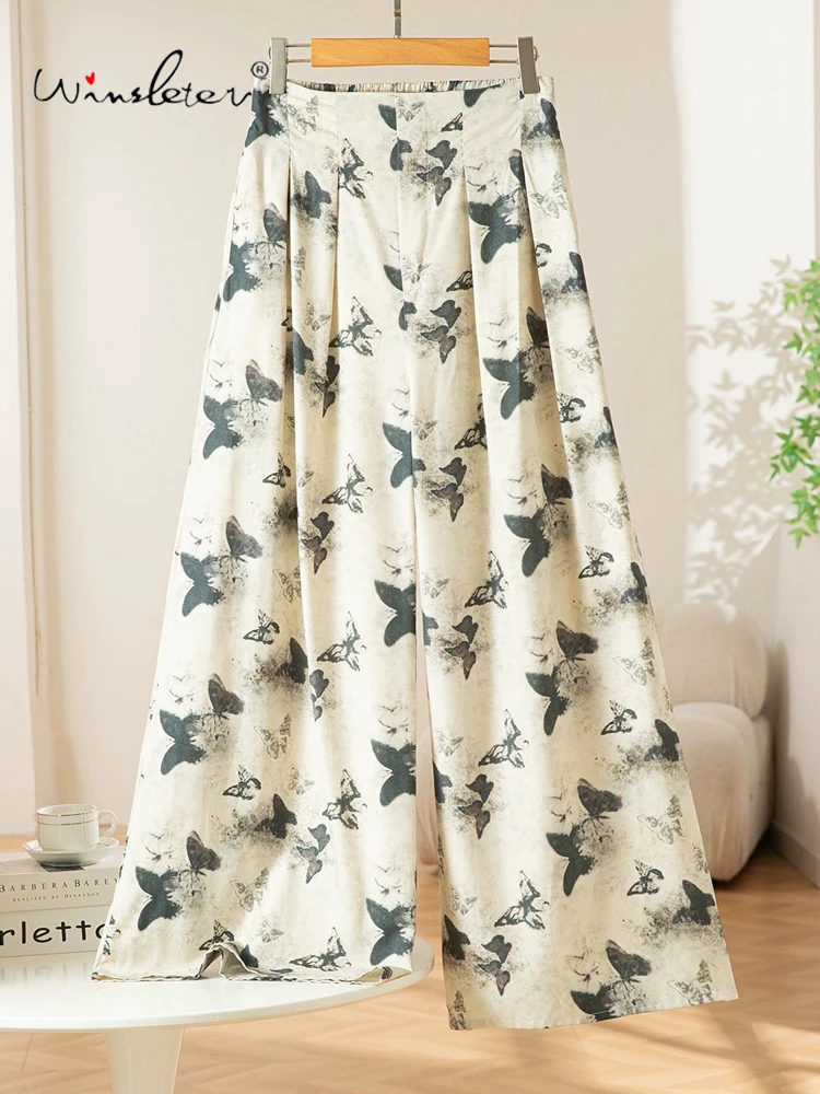 

Winsleter — элегантные брюки из 70% шелка, 30% хлопка, бабочка с эластичной резинкой на талии, окрашенная в черниле, женские широкие брюки в стиле ретро, осень 202, B5O628CC