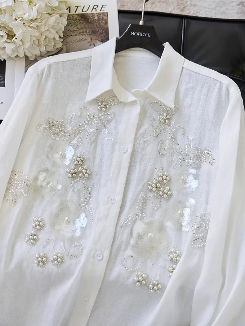 

Elegant Natural Encounter 100% Linen Heavy Embellished Diamond Shiny White Shirt Top Commute Style Regular Sleeve Long C...