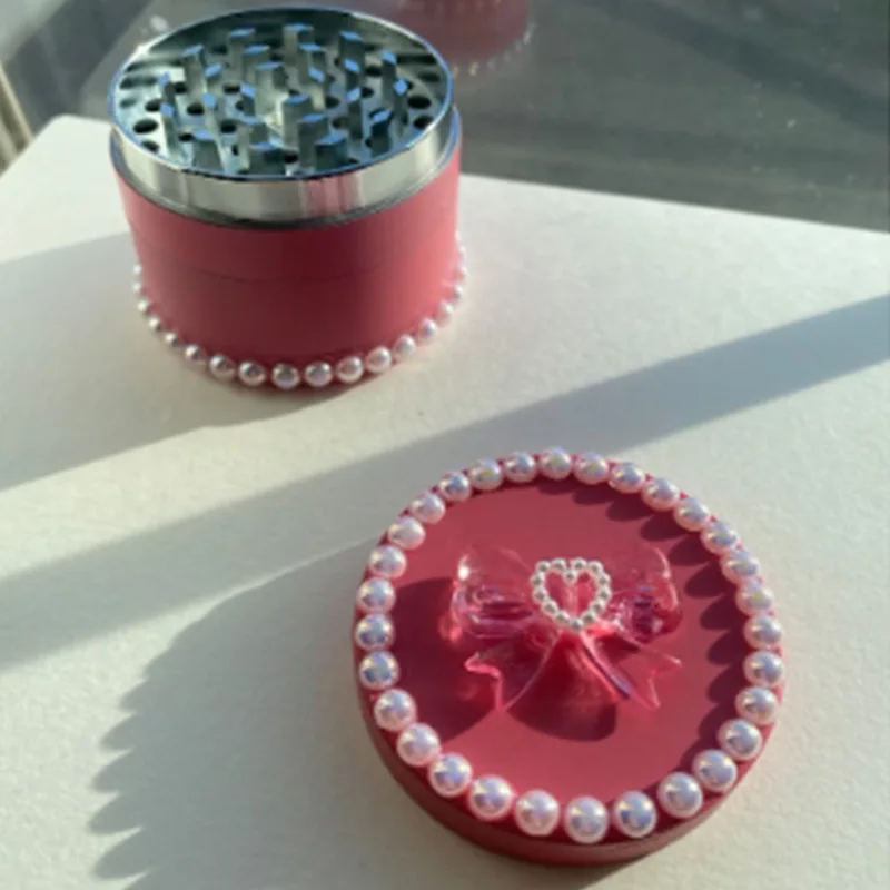 Cute Pink 55 MM Pearl Design Herb Grinder Custom Grinder 1Set 40mm Coquette Bow Grinder with Glass Kitchen Accessories