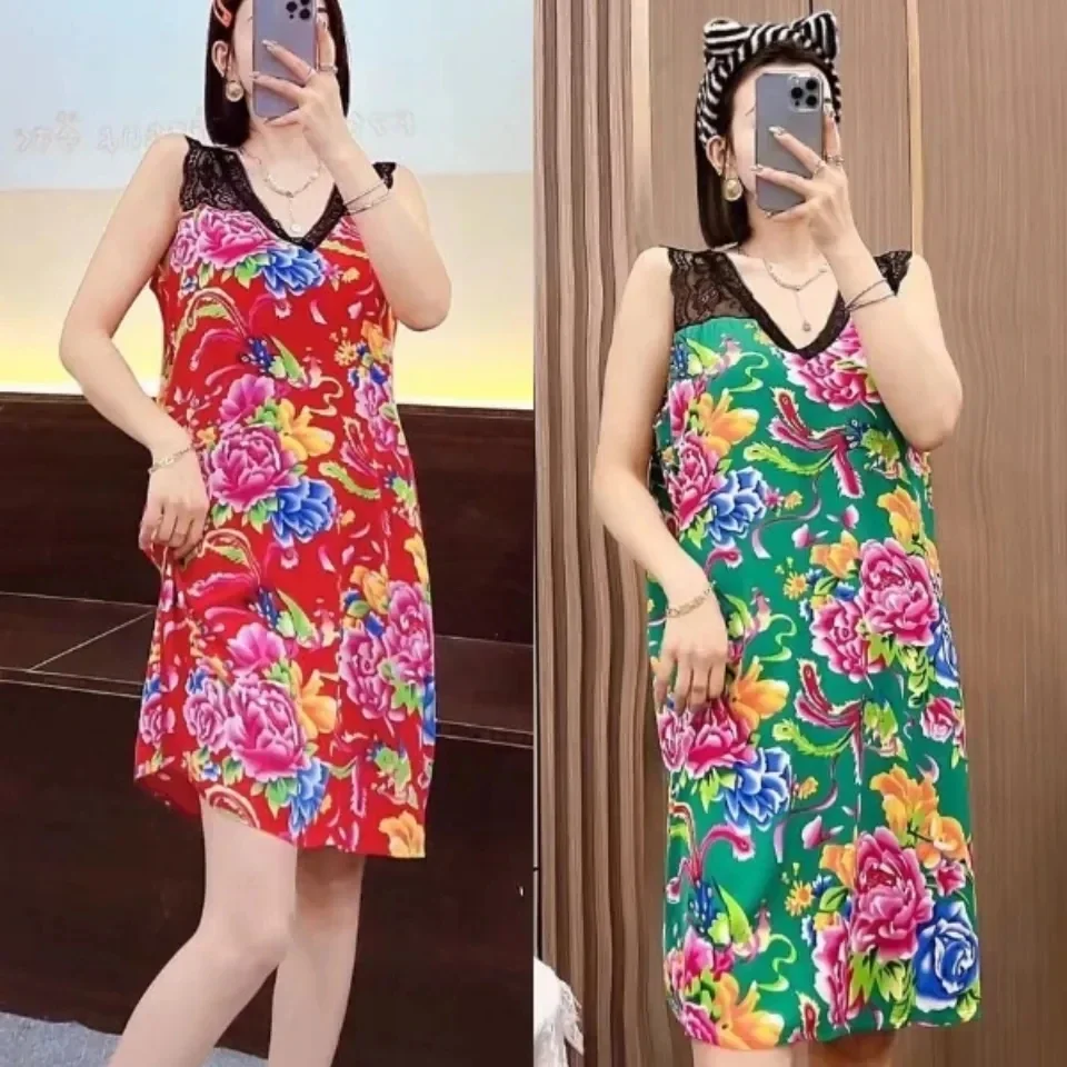 201002Women's Pajamas China Northeast China Large Flower Cotton Sleeveless Lace Nightdress Homewear Mid Length