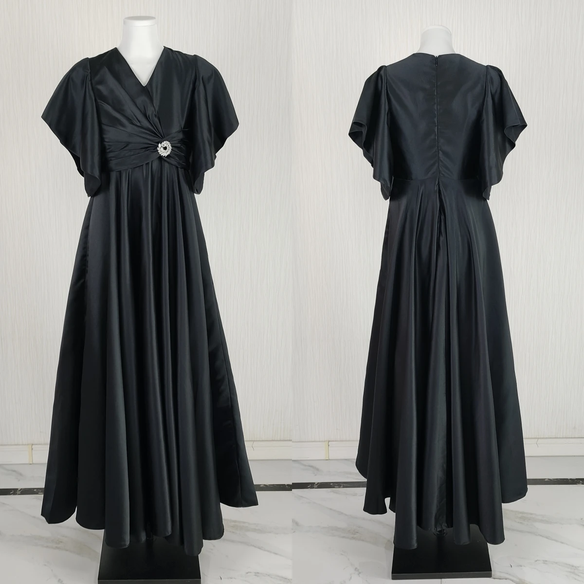 

Вечернее платье на заказ, черное атласное вечернее платье с v-образным вырезом и молнией сзади, трапециевидной формы длиной до пола, большие размеры, женские вечерние вечерние платья MG036