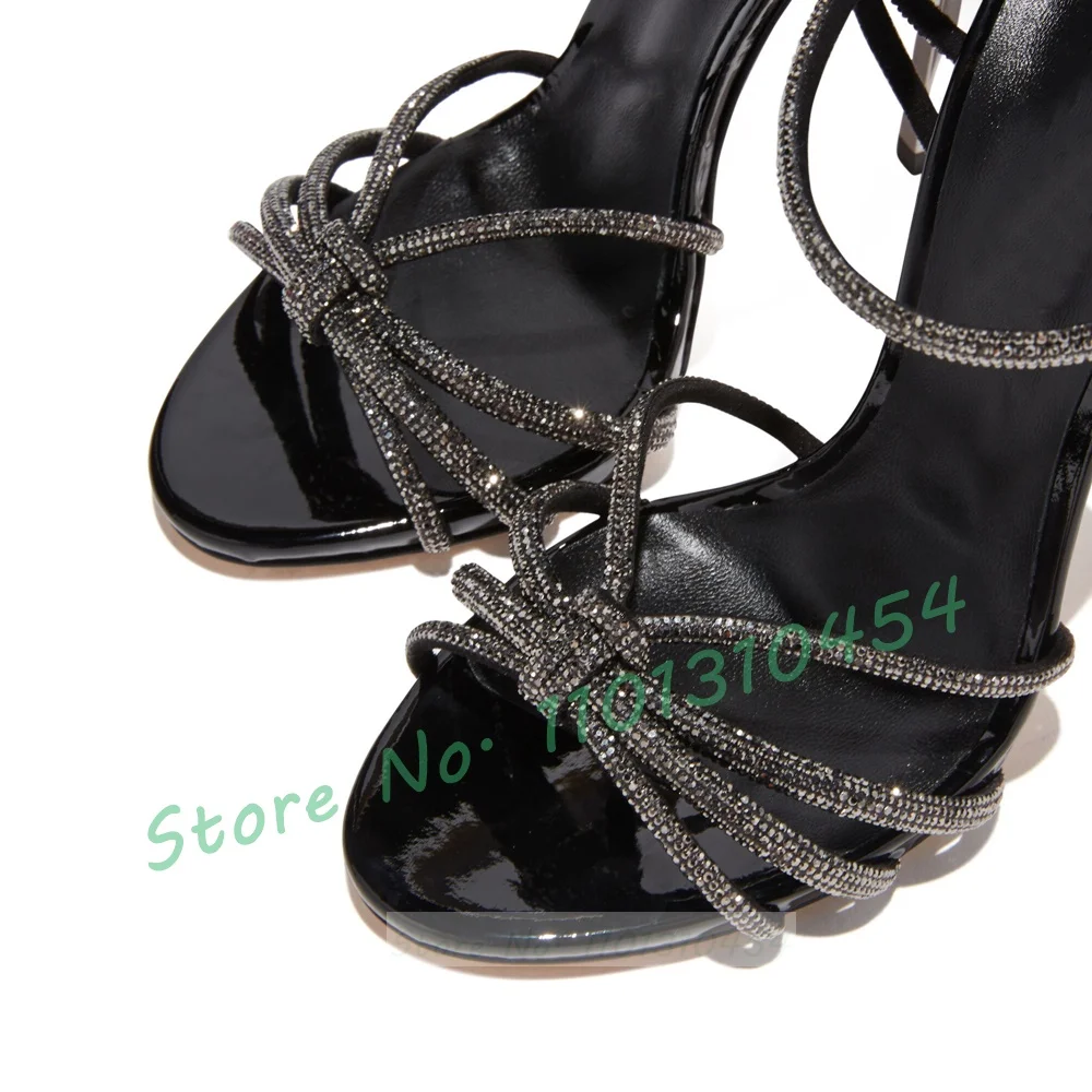 Crystal Cross Strap Blade Heel Sandals Women Open Toe Sexy High Heels Patent Shoes Ladies Summer Black Modern-day Party Sandals