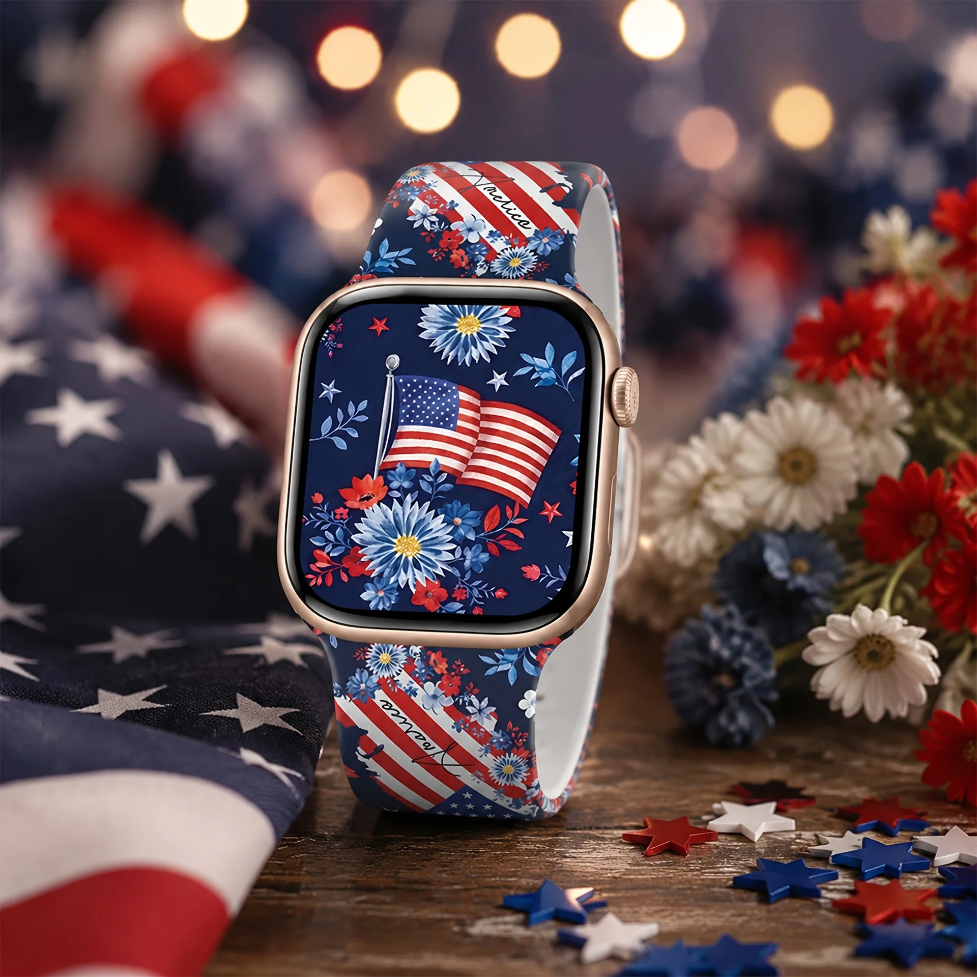 US Flag Pattern watch band for Apple Watch 40/41/42/44/45/46/49mm，Soft silicone strap, for iWatch Series11 10 987 654 SE,Freedom