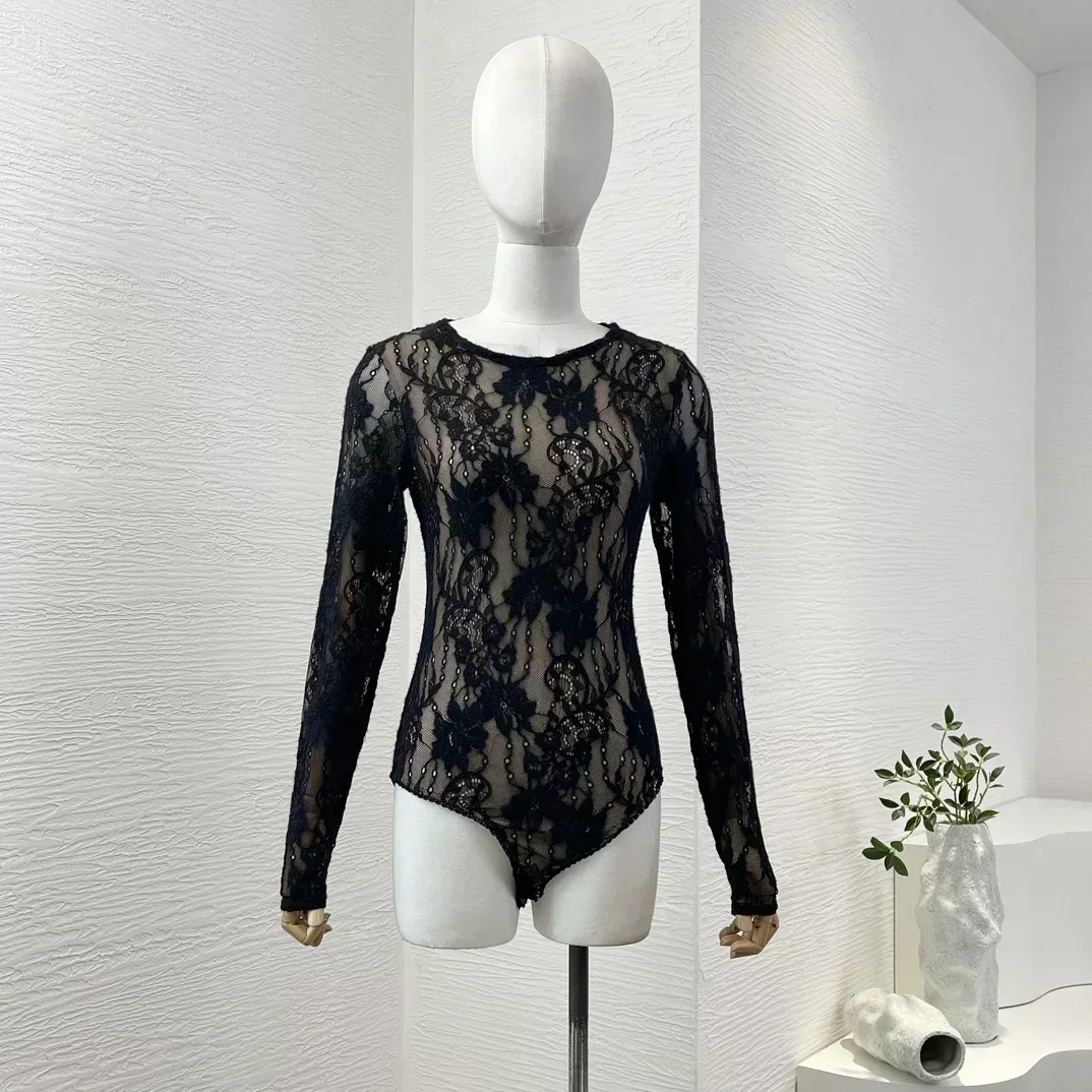 High Quality 2024 New Beige Long Sleeve Lace Patchwork Women Beach Style Black Bodysuit