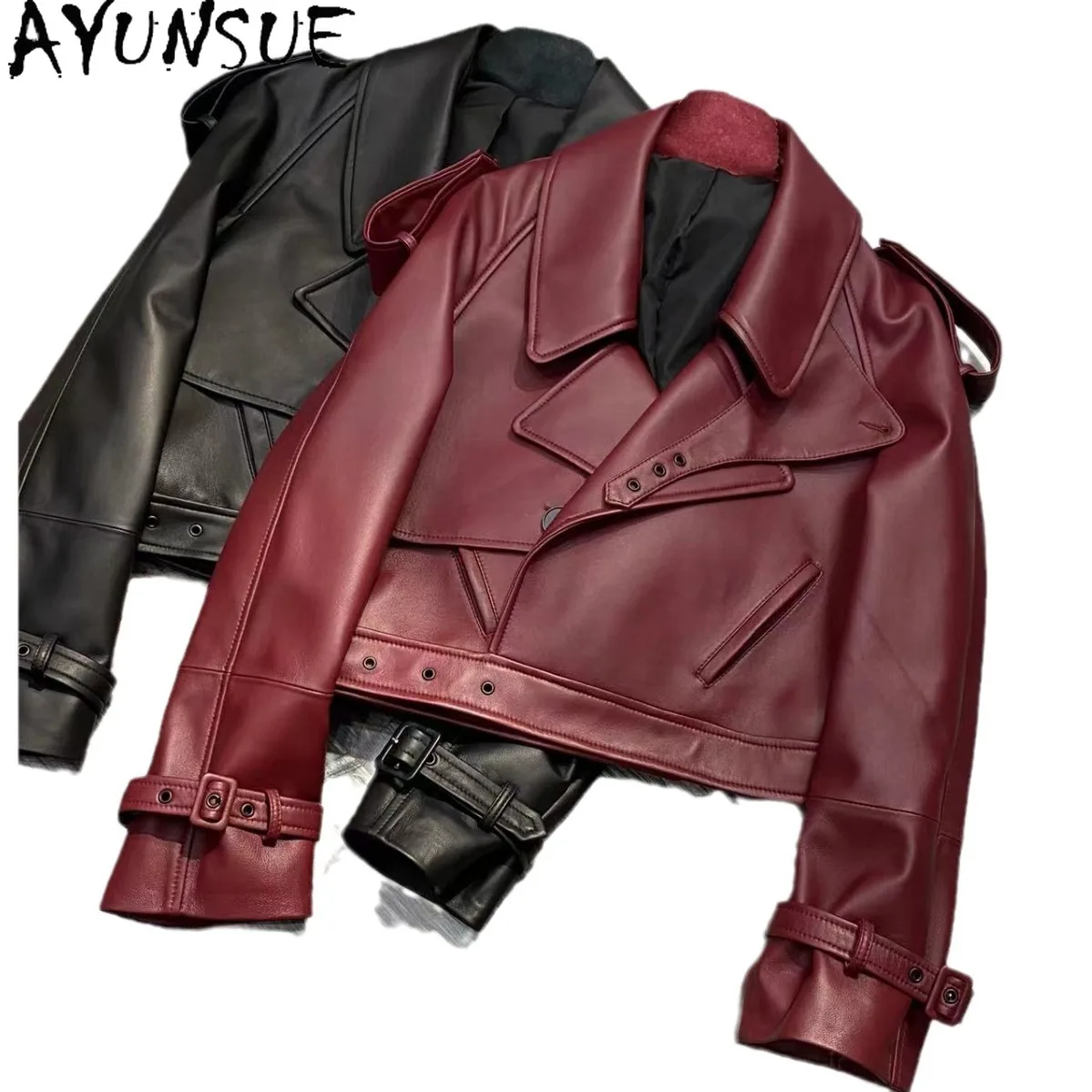 AYUNSUE Sheepskin จริงหนังแจ็คเก็ตเสื้อผ้าผู้หญิง 2025 รถจักรยานยนต์แจ็คเก็ตหลวม Fit ฤดูใบไม้ผลิฤดูใบไม้ร่วงสตรีเสื้อ Jaqueta De Couro