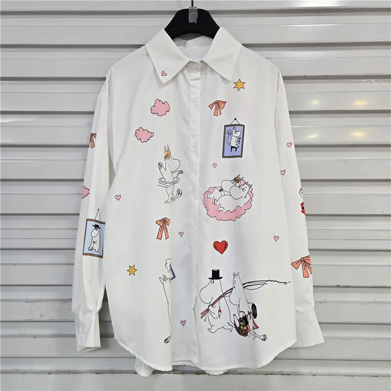 WTHT موضة جديدة للمرأة الكرتون طباعة مخطط تصميم قميص 2025 الصيف العصرية التلبيب بلوزة بأكمام طويلة الإناث 1LS2244