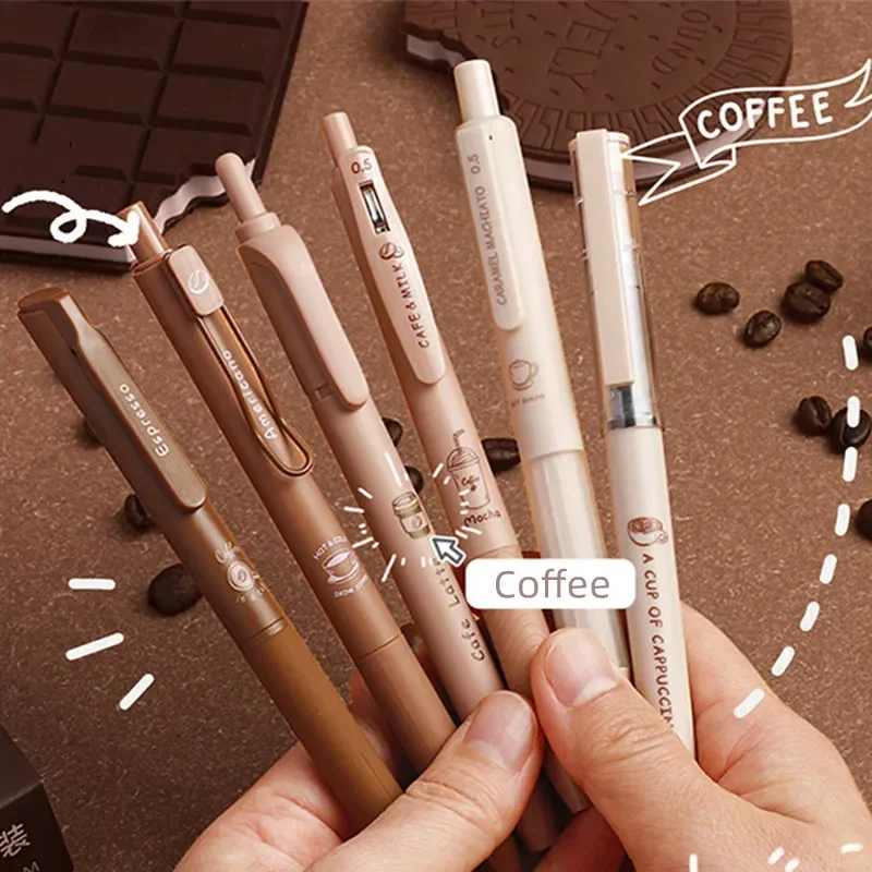 6pcs/set Lovely Gel Pen Coffee Color Series Kawaii Cartoon Bear Stationery Gel Pen 0.5mm Black Ink Gel Pen Cute Student Supplies