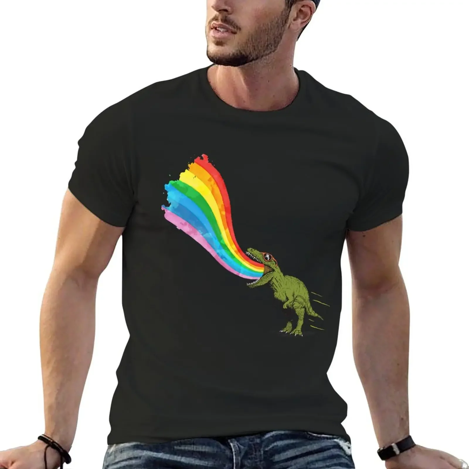 

Tyrannosaurus Rex Shooting Rainbow_Dark T-Shirt street wear custom t shirt Aesthetic clothing plain white t shirts men