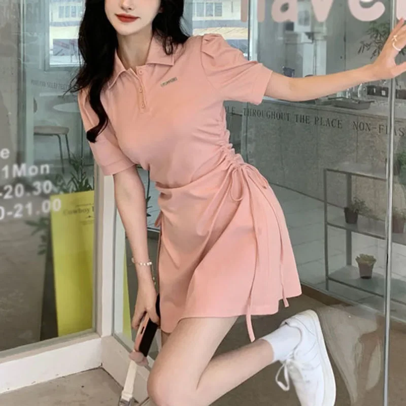 

Sweet Elegant Polo Collar Dresses Girls Pink/Black Puff Sleeve Draw String Mini Dress Summer Women Sexy Slim short Sleeve Dress