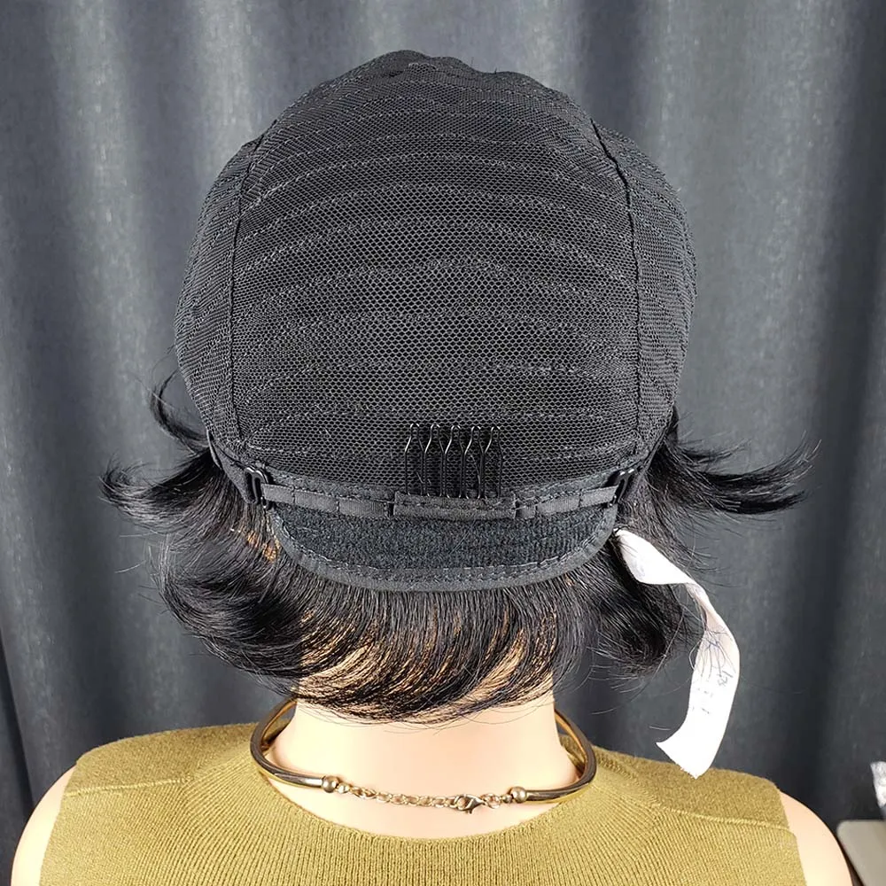 여성용 픽시컷 인모 가발, 짧은 레이어드 픽시컷 스트레이트 가발, 브라질 레미 머신메이드 가발, 내추럴 블랙 색상